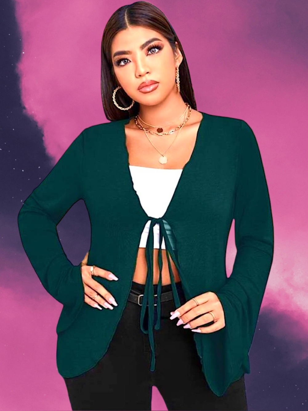 🆕Boutique Women's plus-size Green Bell-Sleeve Stretchy Knit Tie-Front Top❤️❤️3X
